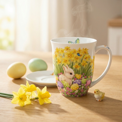 Tasse aus Porzellan Easter friends  - Hase und Küken an Narzissen 0,4L, Höhe 10,5cm