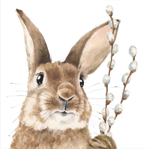20 Servietten Fred white - Hase an Weidenkätzchen weiß 33x33cm