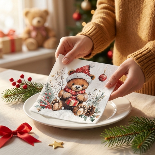 20 Servietten Teddys gift white - Weihnachtsteddy mit Geschenk 33x33cm