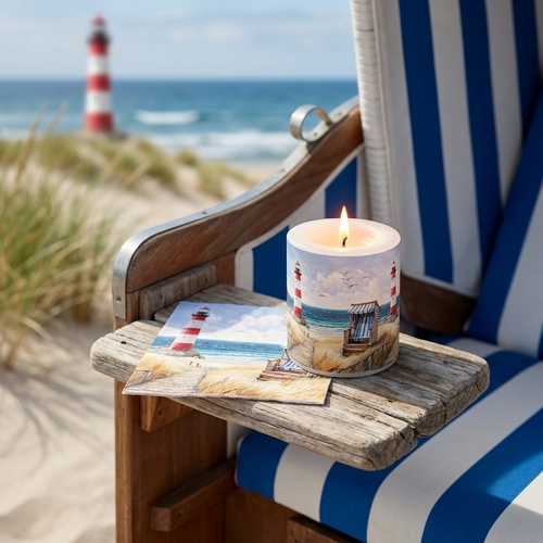 Kerze rund klein Beach walk  - Spazieren am Strand Ø 7,5cm, Höhe 9cm