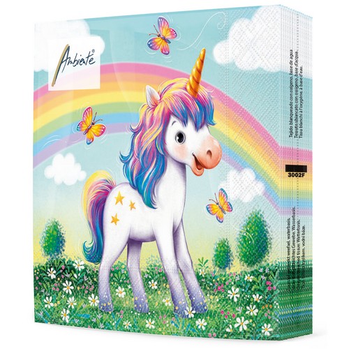 20 Servietten Jolly - Einhorn am bunten Regenbogen 33x33cm
