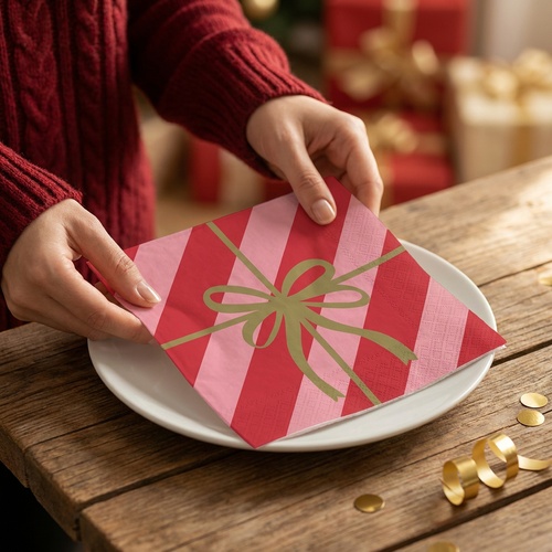 20 Servietten Merry Gift - Schleife über Streifen 33x33cm