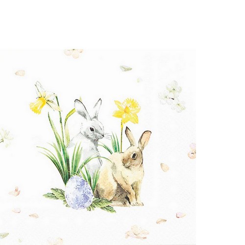 20 kleine Cocktailservietten World of Easter - Kleine Hasen an Frühlingsblumen 25x25cm