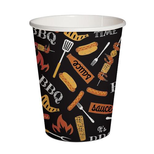 10 Pappbecher BBQ Party black - Grillparty auf schwarz 250ml Ø5,5-8cm, H9cm