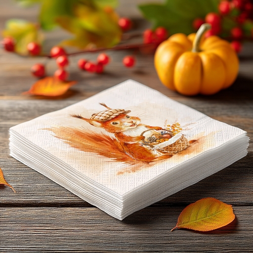 20 kleine Cocktailservietten Monty - Eichhörnchen mit Herbstkorb 25x25cm