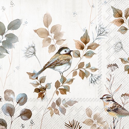 20 Servietten Woodland Birds nature - Vögel an braunen Blättern 33x33cm