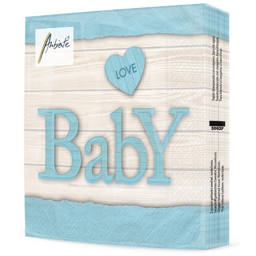 20 Servietten Baby Love Boy - Baby auf Holz blau 33x33cm