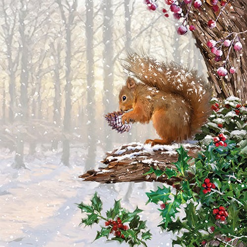 20 Servietten Squirrel in Tree - Eichhörnchen im Winterbaum 33x33cm