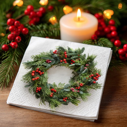 20 kleine Cocktailservietten Merry berry wreath - Natürlicher Kranz mit Beeren 25x25cm