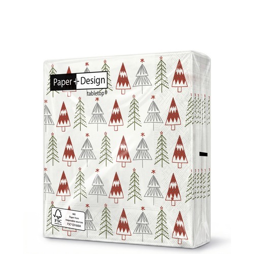 20 kleine Cocktailservietten Fun trees Red - Gemalte Weihnachtsbäume rot-grün 25x25cm