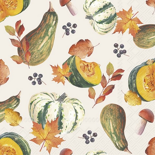 20 Servietten Fall Harvest cream - Leckere Kürbisse und Herbstblätter 33x33cm
