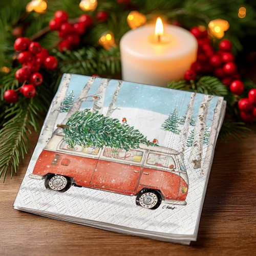 20 kleine Cocktailservietten Christmas Bus - Bus im Winterwald 25x25cm