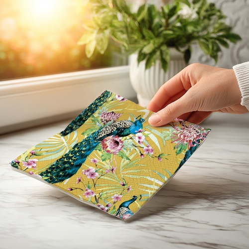 20 kleine Cocktailservietten Tropic Peacock - Pfau an tropischen Blumen 25x25cm