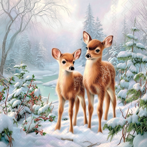 20 Servietten Olivia and Oliver - Reh-Paar im Winterwald 33x33cm