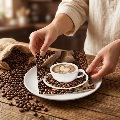20 Servietten Coffee Lovers - Tasse überflutet von Kaffeebohnen 33x33cm