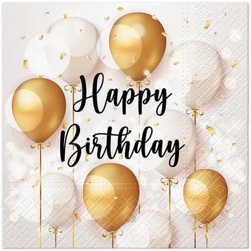 20 Servietten Gold Celebration - Ballons um Happy Birthday 33x33cm