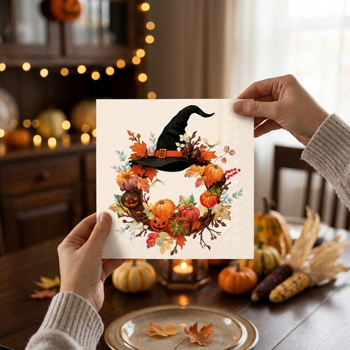 20 Servietten Whitch Wreath - Herbstkranz mit Hexenhut 33x33cm