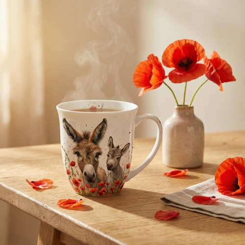 Tasse aus Porzellan Lilly & Lou  - Eselfamilie an Mohnblumen 0,4L, Höhe 10,5cm