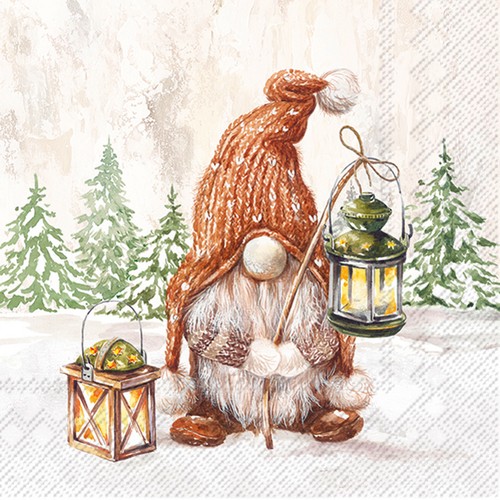 20 Servietten Fiete - Wichtel mit Laterne im Wald 33x33cm