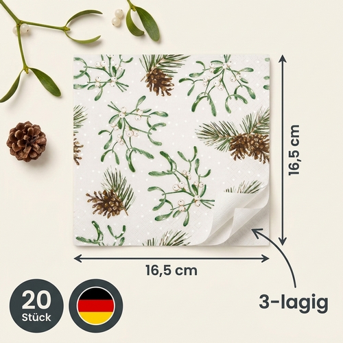 20 Servietten Sweet Mistletoe - Zarte Mistelzweige und Zapfen 33x33cm