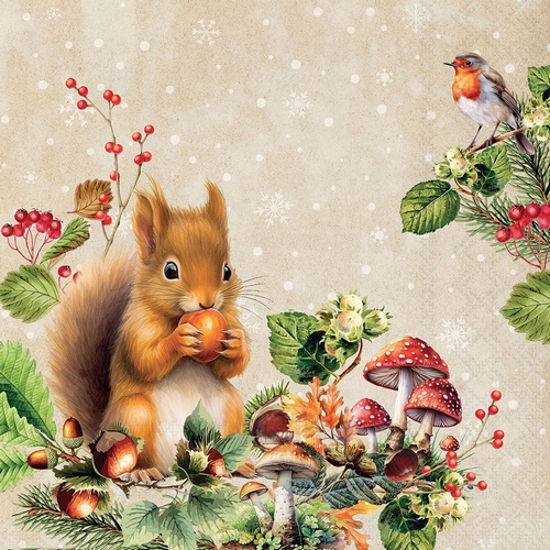 20 Servietten Fruit Collector - Eichhörnchen und Vogel an Früchte 33x33cm