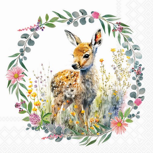 20 Servietten Fawn - Kitz in Blumenkranz 33x33cm