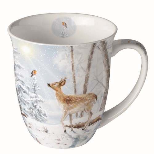 Tasse aus Porzellan Meeting in Winterworld - Reh trifft Vogel in Winterwald 0,4L, Höhe 10,5cm