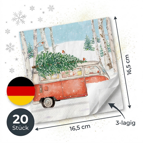 20 Servietten Christmas Bus - Bus im Winterwald 33x33cm
