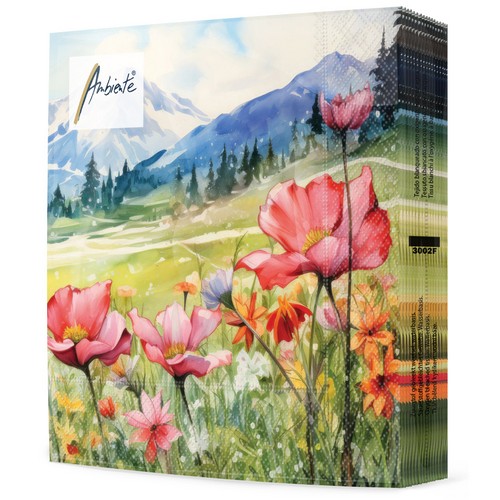 20 Servietten Blooming Fields - Blumenfeld vor Gebirge 33x33cm