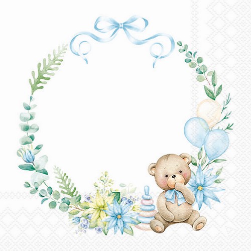 20 Servietten Baby Teddy Bear blue - Teddy im blauen Kranz 33x33cm