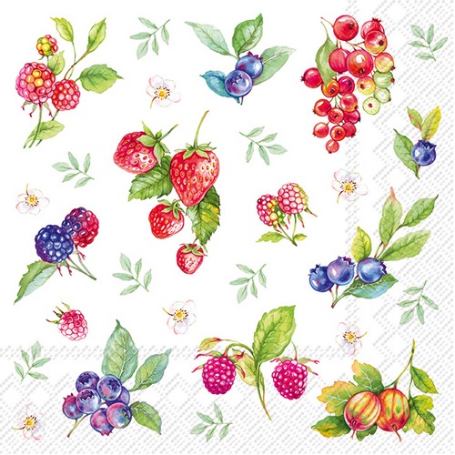 20 Servietten Summer Berries - Sommerbeeren an Blätter 33x33cm