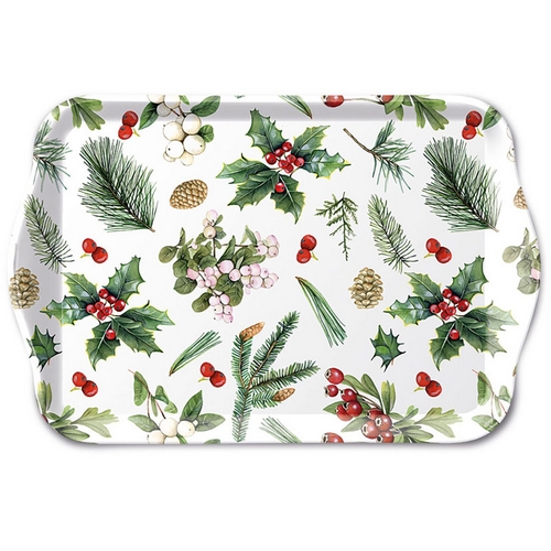 Tablett klein Winter Greenery white - Zweige, Zapfen und Beeren im Winter 20,8x13,6cm