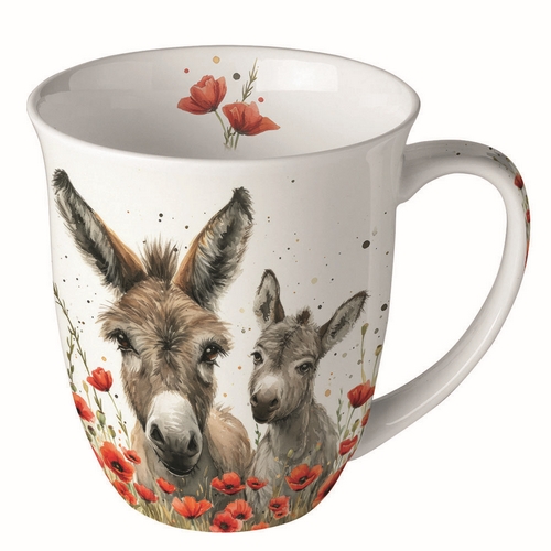 Tasse aus Porzellan Lilly & Lou  - Eselfamilie an Mohnblumen 0,4L, Höhe 10,5cm