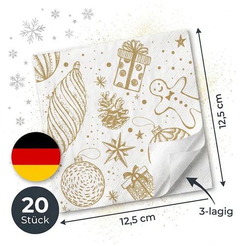 20 kleine Cocktailservietten Bauble symphony - Goldener Weihnachtsschmuck 25x25cm