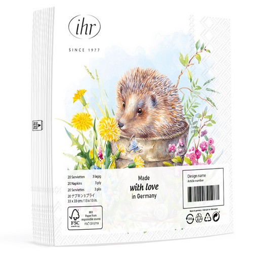 20 Servietten Smells like Spring - Igel im Frühlingseimer 33x33cm