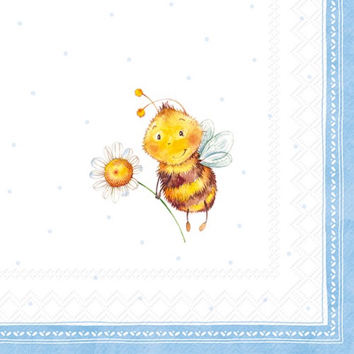 20 Servietten Sunny Bee light blue - Lustige Biene mit Blume blau 33x33cm
