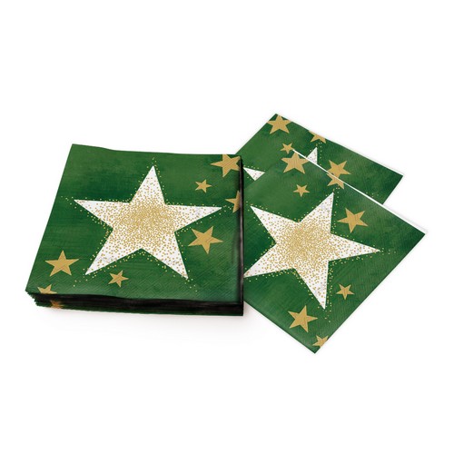 20 Servietten Shining Stars green gold - Goldener Schimmer auf Stern grün 33x33cm