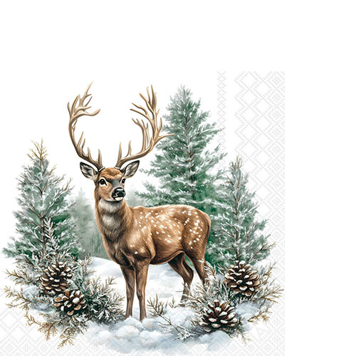 20 kleine Cocktailservietten Winter Stag white - Eleganter Hirsch im Winterwald 25x25cm