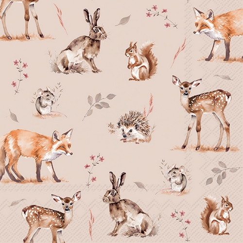 20 Servietten Forest Tales linen - Waldtiere mit einzelnen Blättern 33x33cm