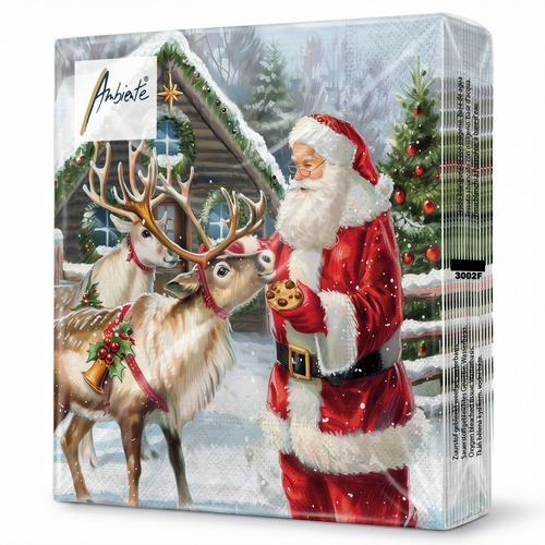 20 Servietten Give a Treat - Santa mit Keks und Rentiere 33x33cm