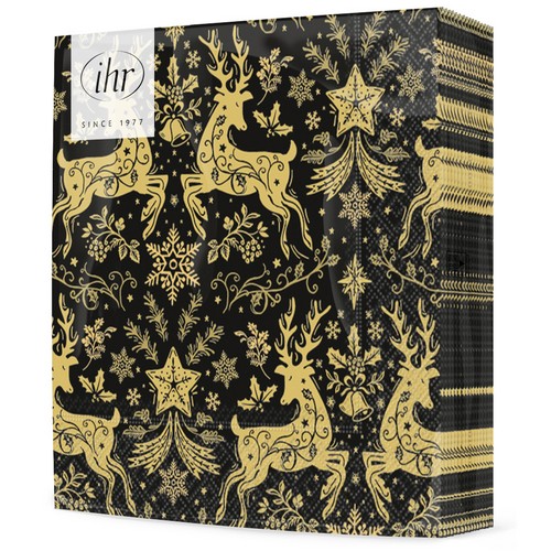 20 Servietten Christmas Ornaments black gold - Goldene Hirsche edel auf schwarz 33x33cm