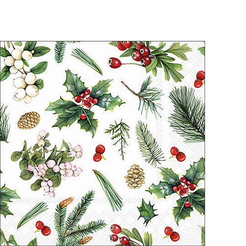 20 kleine Cocktailservietten Winter Greenery white - Zweige, Zapfen und Beeren im Winter 25x25cm