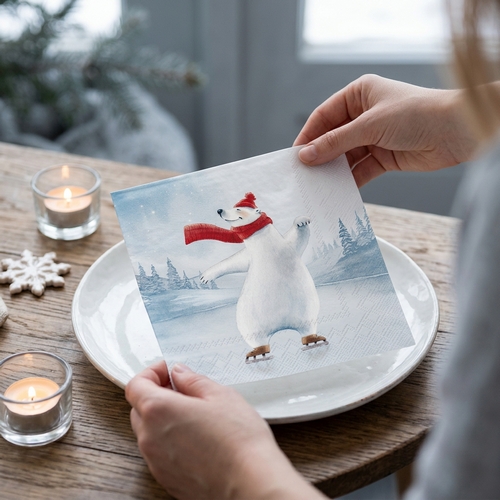 20 Servietten Dancing on Ice - Eisbär auf Schlittschuhe 33x33cm