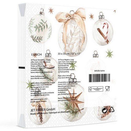 20 Servietten Naturlige Julekuler - Weihnachtselemante in Christbaumkugeln 33x33cm