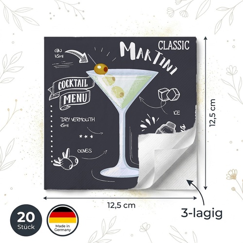 20 kleine Cocktailservietten Martini Black - Martini trinken 25x25cm