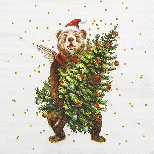 20 Servietten Beary Christmas - Weihnachtsbär mit Tanne 33x33cm