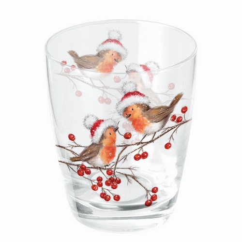 Trinkglas Christmas Robins white - Rotkehlchen mit Weihnachtsmütze 0,25L, Ø8cm x Höhe 9,5cm