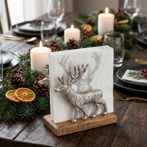 Serviettenhalter Reindeer silver - Hirsch silber für alle Serviettengrößen, aus Holz, 15,5x16cm
