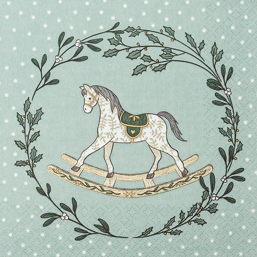 20 Servietten Rocking Horse - Schaukelpferd im Kranz 33x33cm