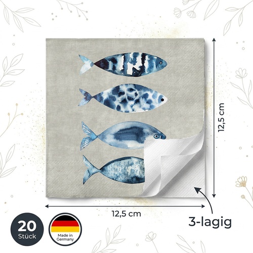 20 kleine Cocktailservietten High tide fish - Fische auf Betonfarbe 25x25cm